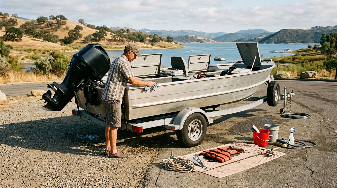 Boater cleaning, draining, and drying a boat after lake use