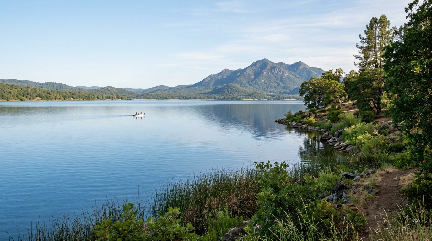 Clear Lake and Mount Konocti on a calm summer morning in Lake County