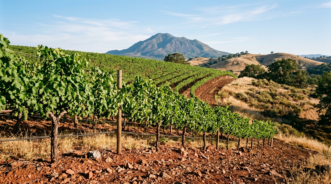 Grapevines growing in red volcanic soil in the Red Hills of Lake County