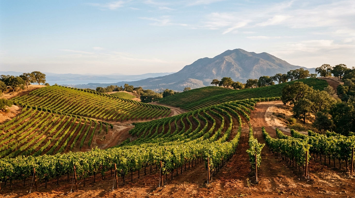High-elevation Lake County vineyards with Mount Konocti in the distance