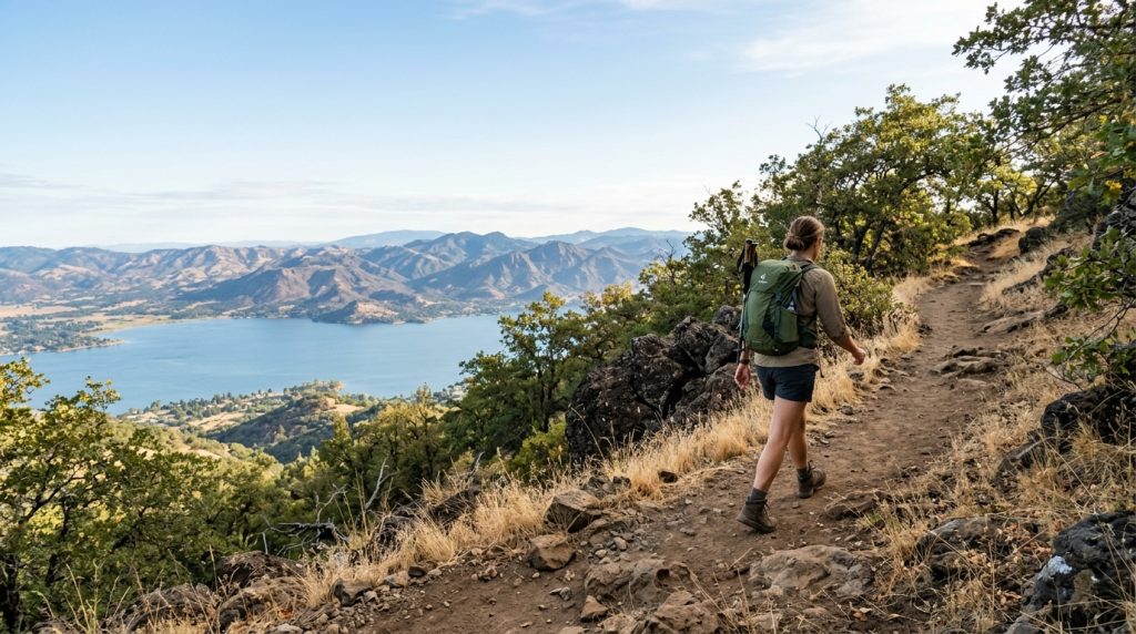 Hiker climbing Mount Konocti above Clear Lake in Lake County