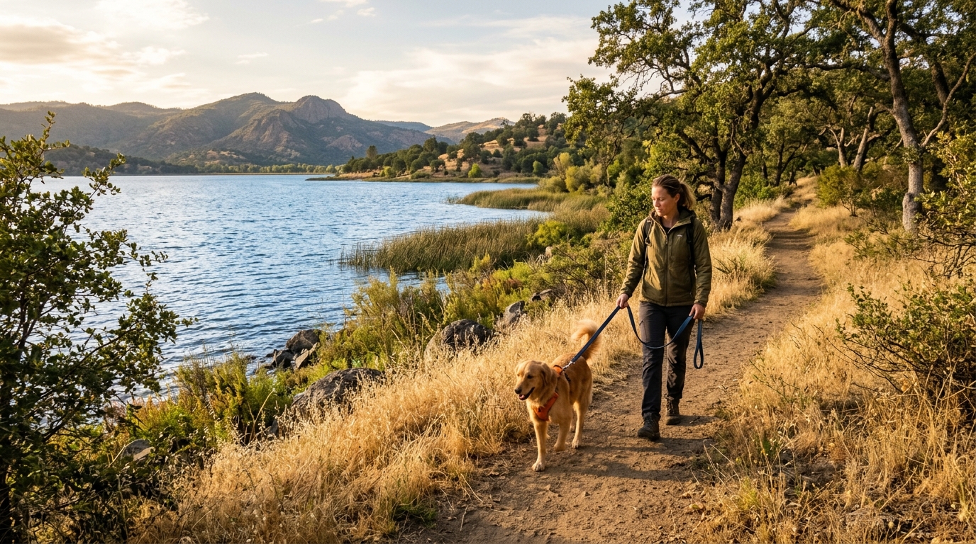Leashed dog walking safely beside the Clear Lake shoreline