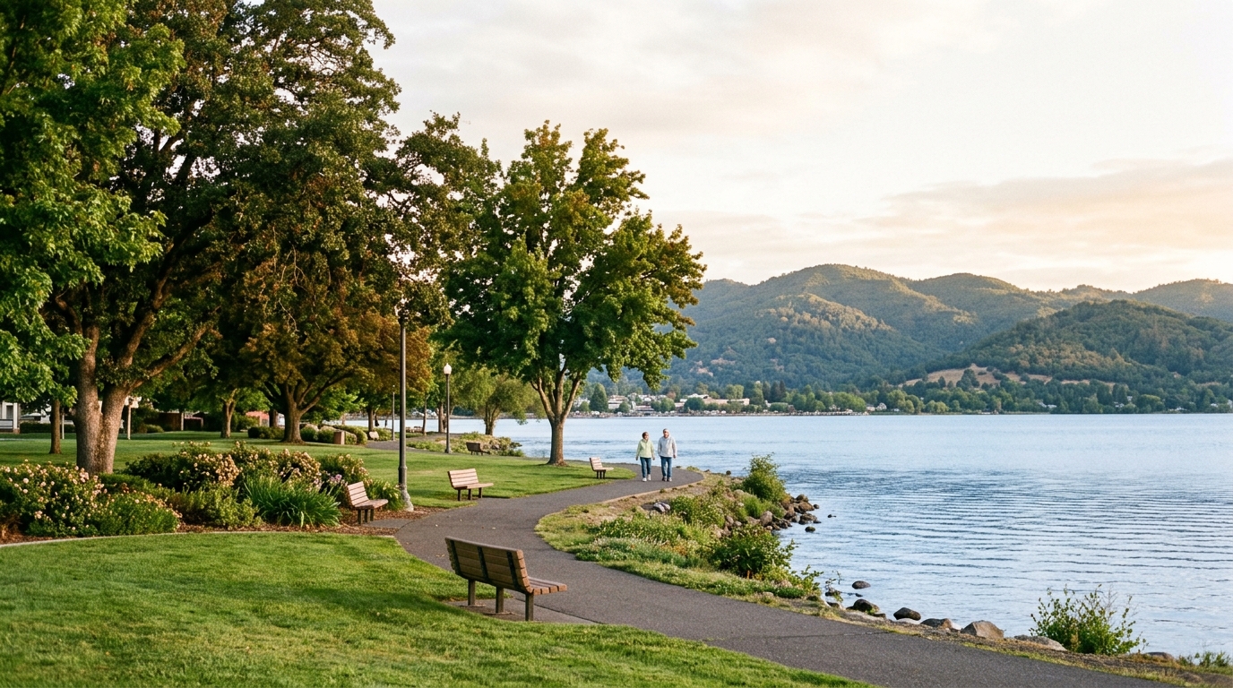 Morning waterfront walk beside Clear Lake in Lakeport