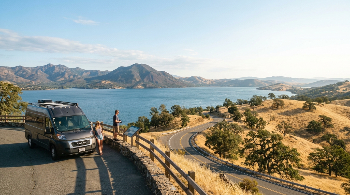 Scenic Lake County road overlooking Clear Lake during the dry summer season