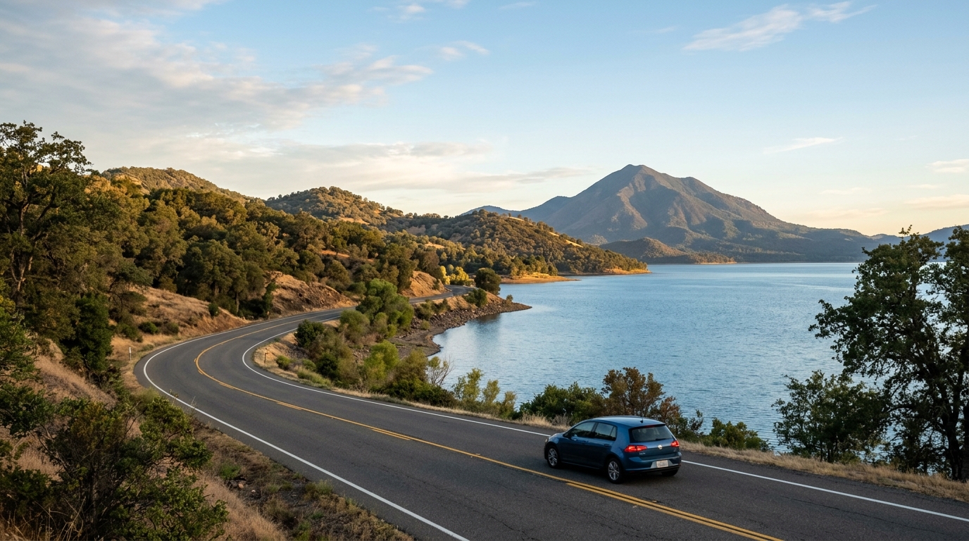 Scenic road beside Clear Lake with Mount Konocti in the distance