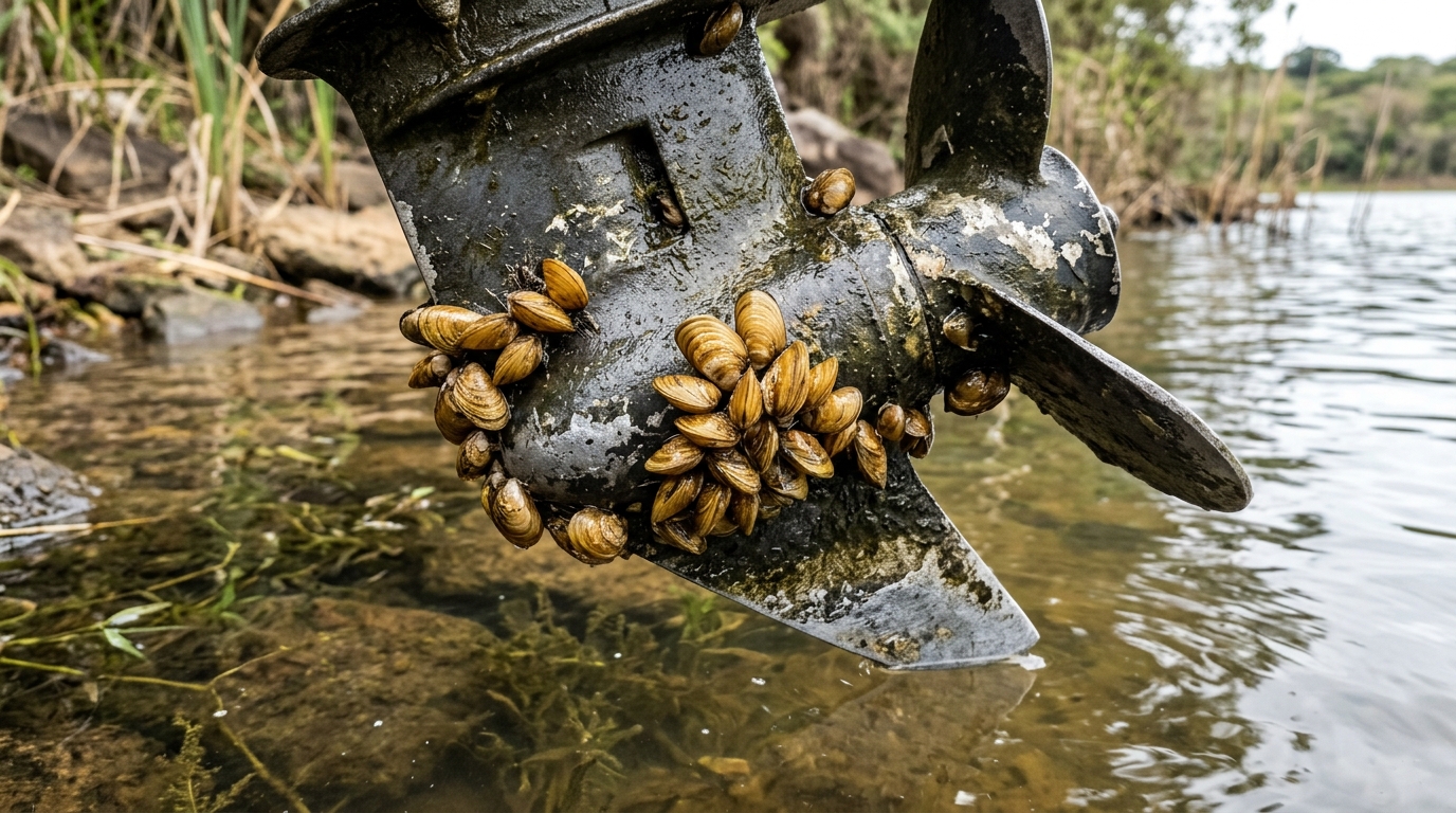 Small invasive golden mussels attached to underwater equipment
