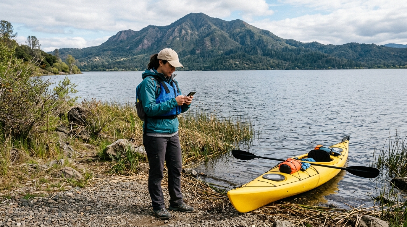 Visitor checking current water information before kayaking on Clear Lake
