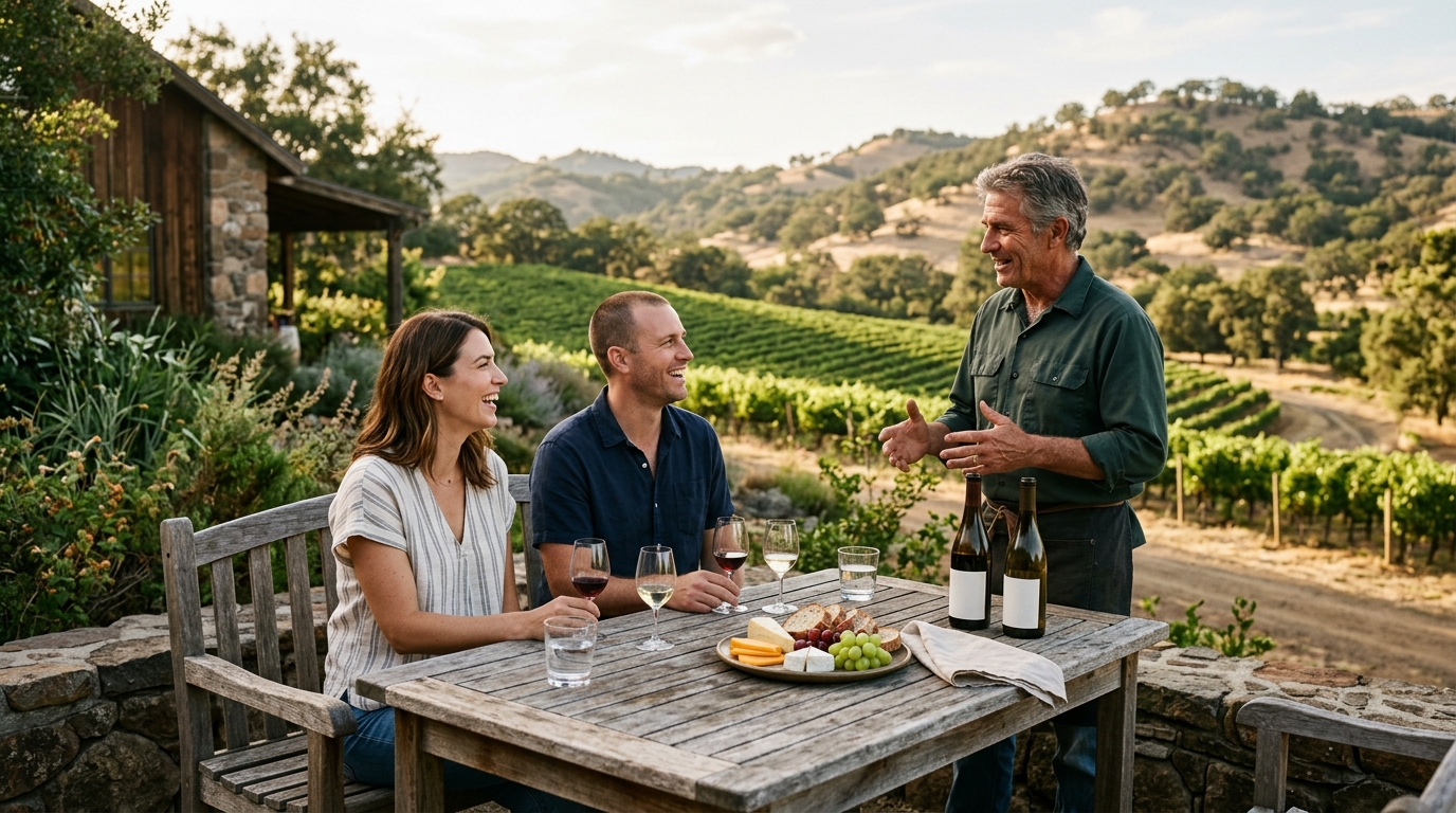 Visitors enjoying a relaxed tasting at a small Lake County winery