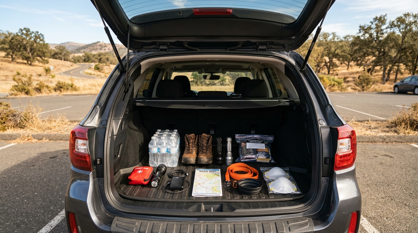 Wildfire-ready travel supplies packed inside a vehicle for a Lake County trip